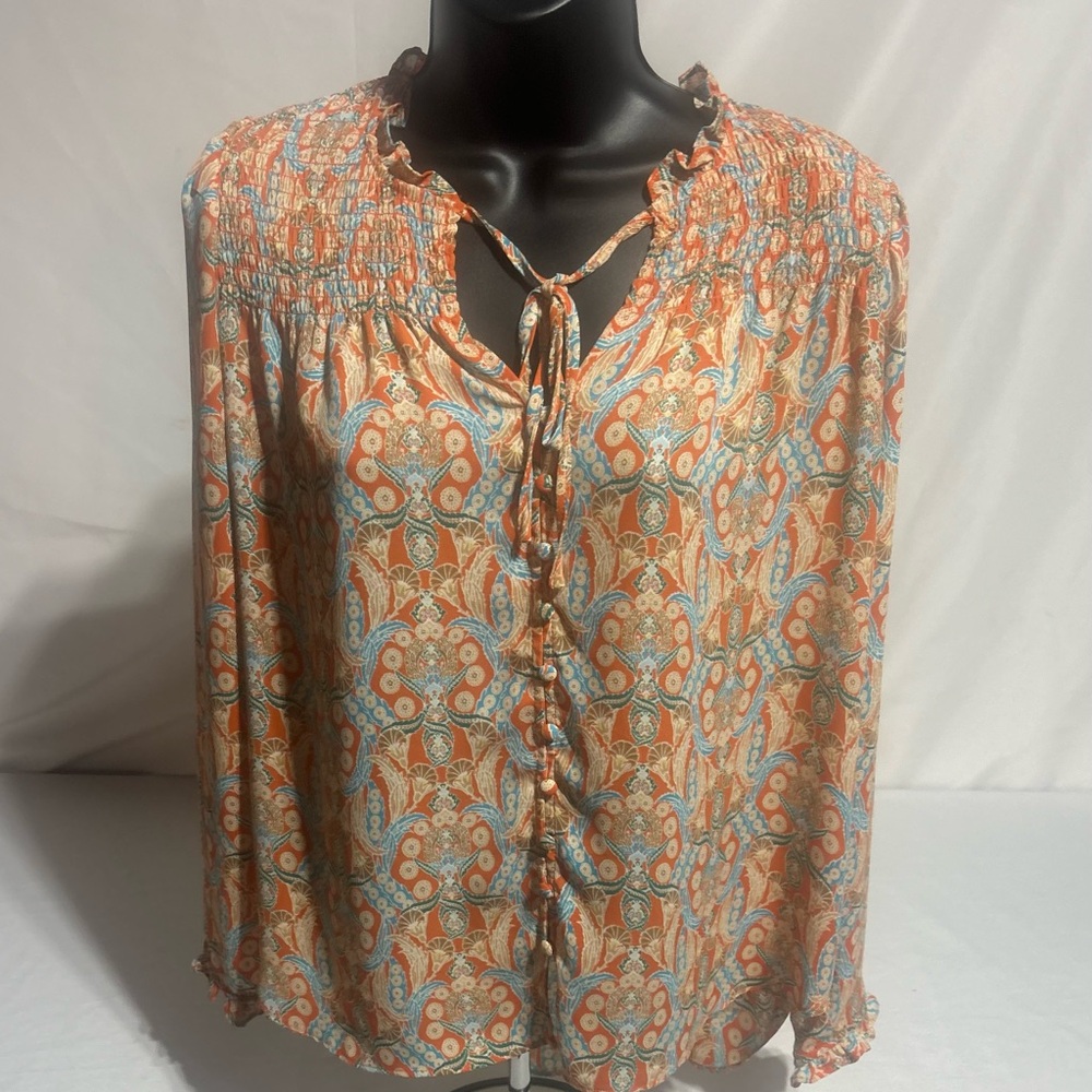 Rose & Olive Orange and Blue Geometric Floral Smoked Peasant Top Size : XS